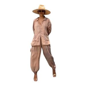 Style Parki Pant Set Women OS Tan Blue Tie Dye 3 Piece Vacation Loungewear Boho